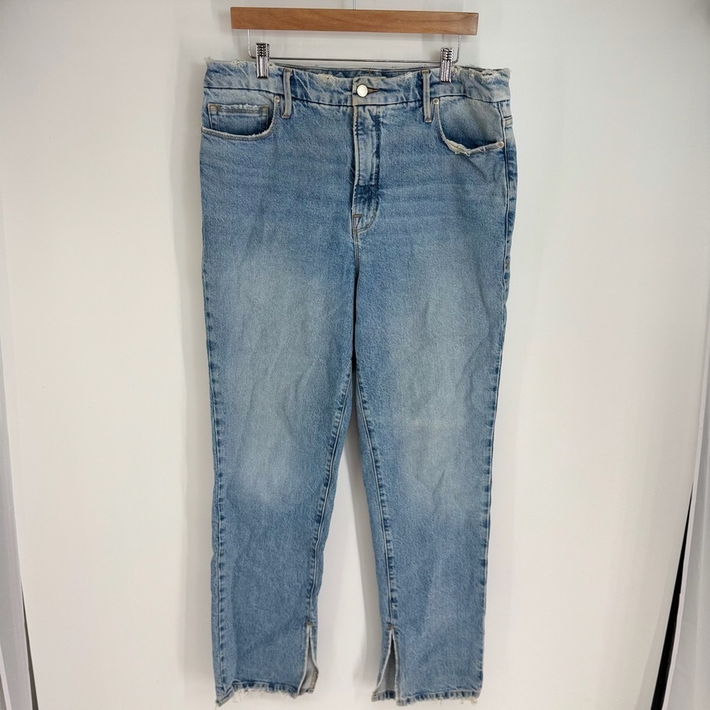 Good American Distressed Hem High Rise Straight Leg Jeans